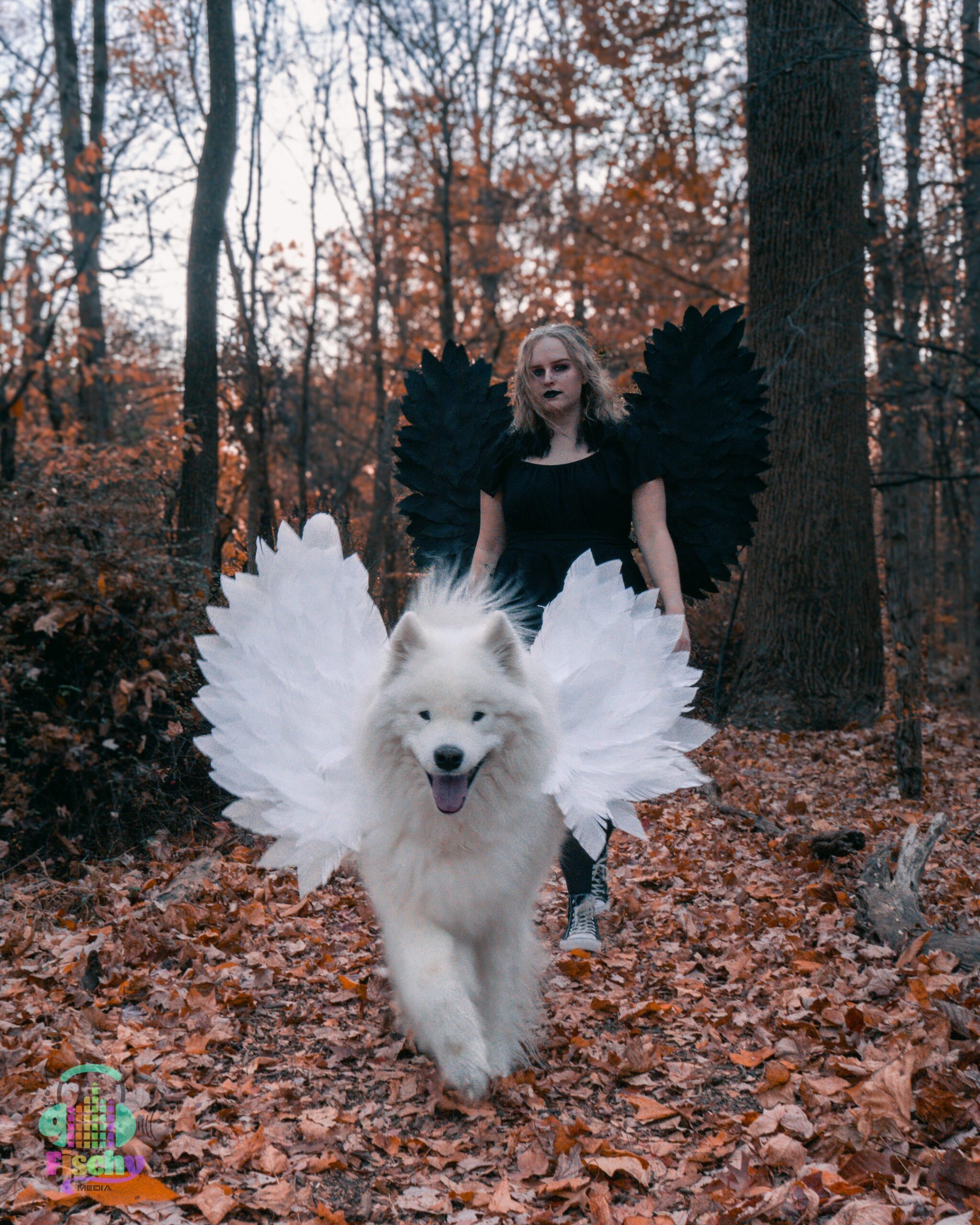 girl and dog in costume
angel costume
fallen angel costume
fall photoshoot
halloween photoshoot
samoyed dog