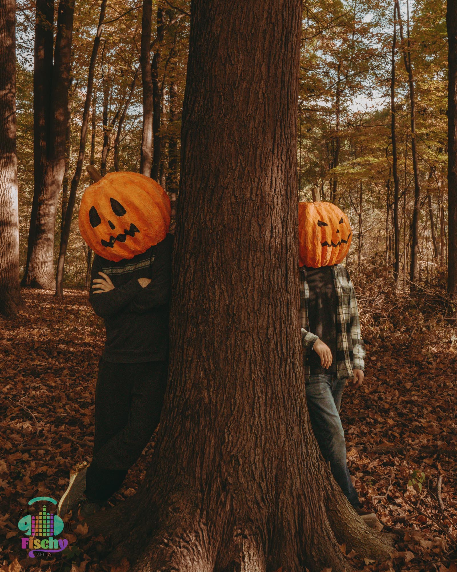 two people in fall clothing and pumpkin heads
pumpkin head trend
abandoned building
halloween 
fall photos