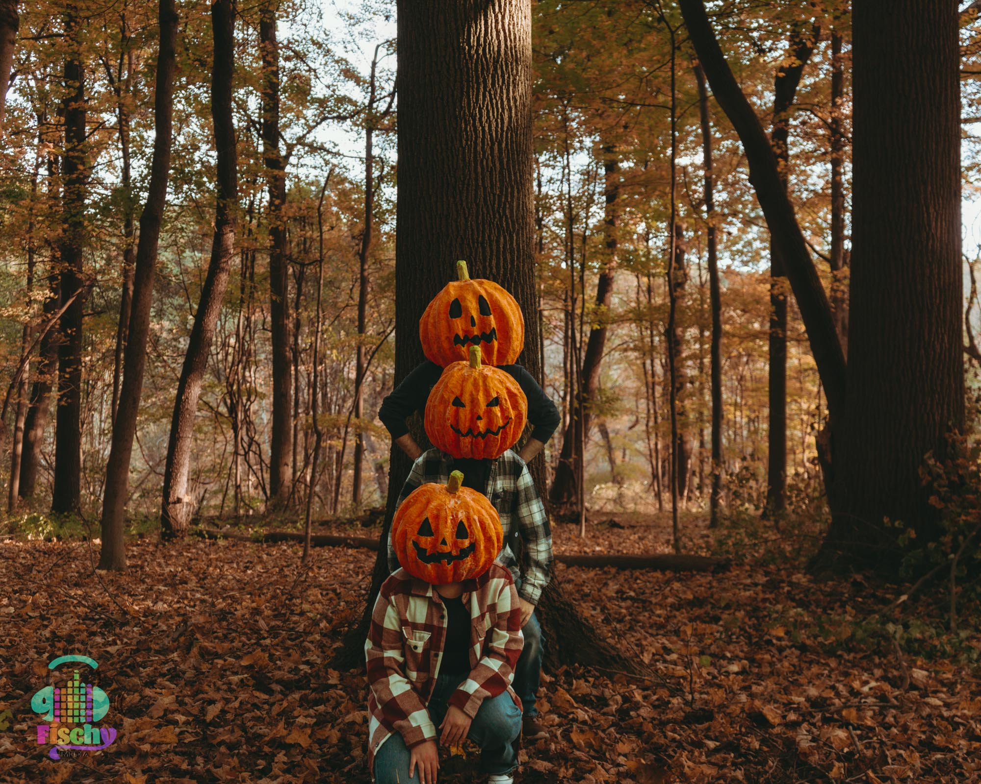 three people in fall clothing and pumpkin heads
pumpkin head trend
abandoned building
halloween 
fall photos