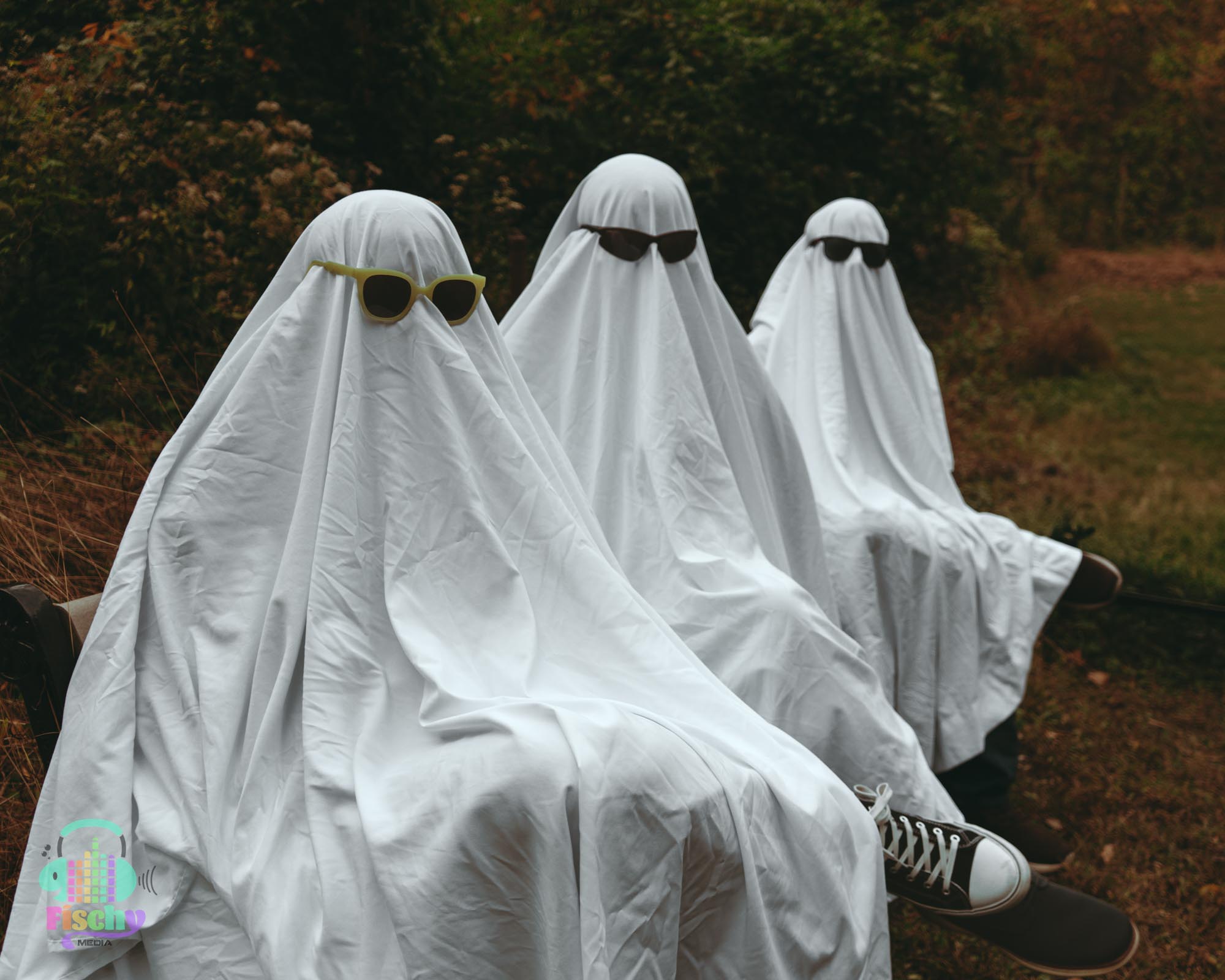 three people in fall clothing and ghost outfits
ghosts with sunglasses trend
abandoned building
halloween 
fall photos